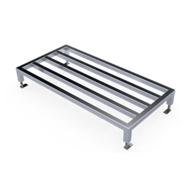 Dunnage rack holding food off the floor in a commercial kitchen for hygiene compliance
