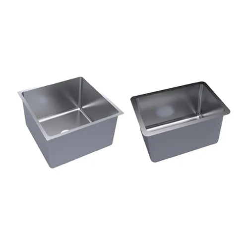 Knee-operated hand basin and a cleaner's sink installed side by side in a commercial washroom