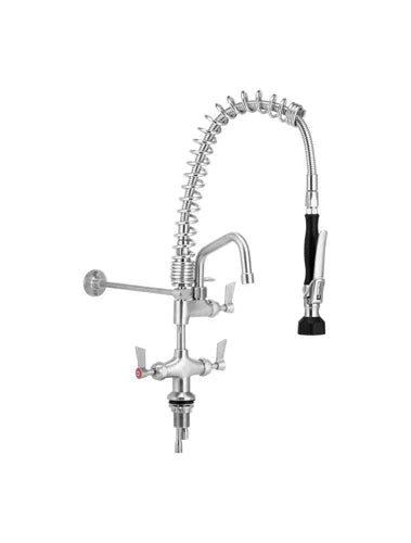 Commercial pre-rinse tap unit mounted over a pot wash sink in a restaurant kitchen