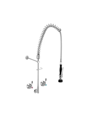 Commercial pre-rinse spray arm mounted above a pot wash sink in a restaurant kitchen