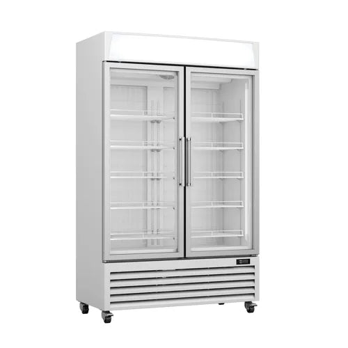 Thermaster upright double glass door freezer showing ambient temperature tolerance specifications