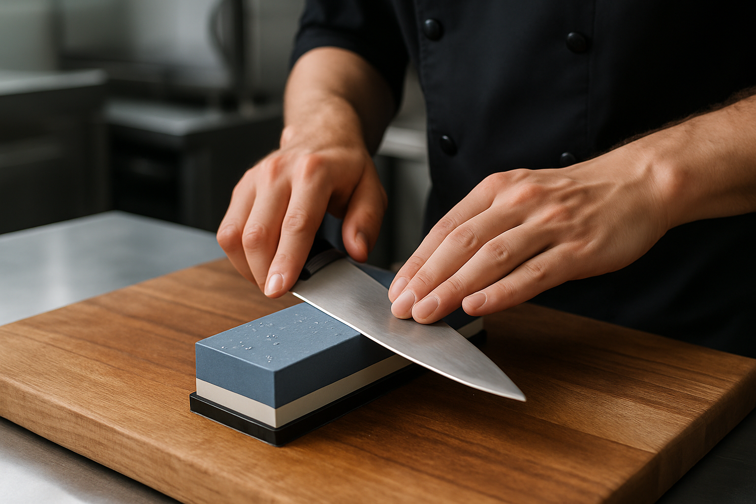 Chef's knife being sharpened on a Japanese whetstone using correct angle and technique