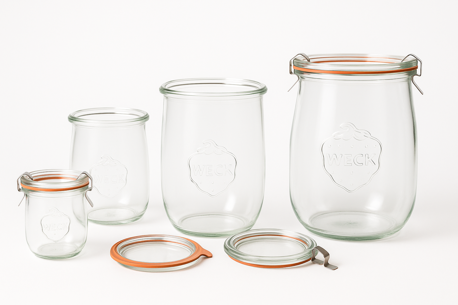 Weck glass storage jars with rubber seal and clip showing their airtight design and popularity
