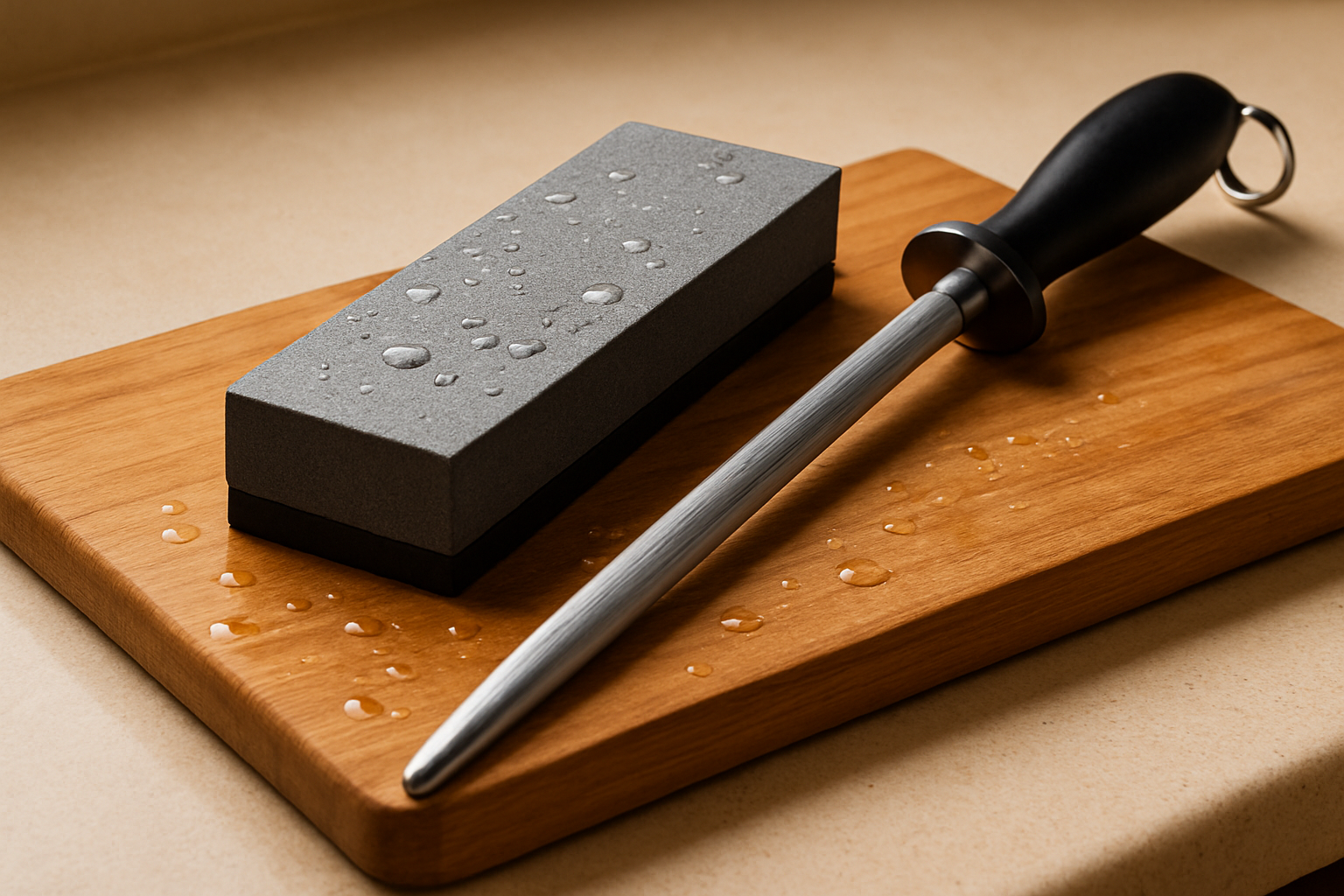 Chef's knife being sharpened with a honing steel compared to a whetstone for edge maintenance