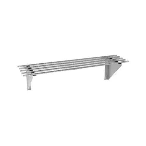 Stainless steel pipe wall shelf mounted above a commercial kitchen bench for storage