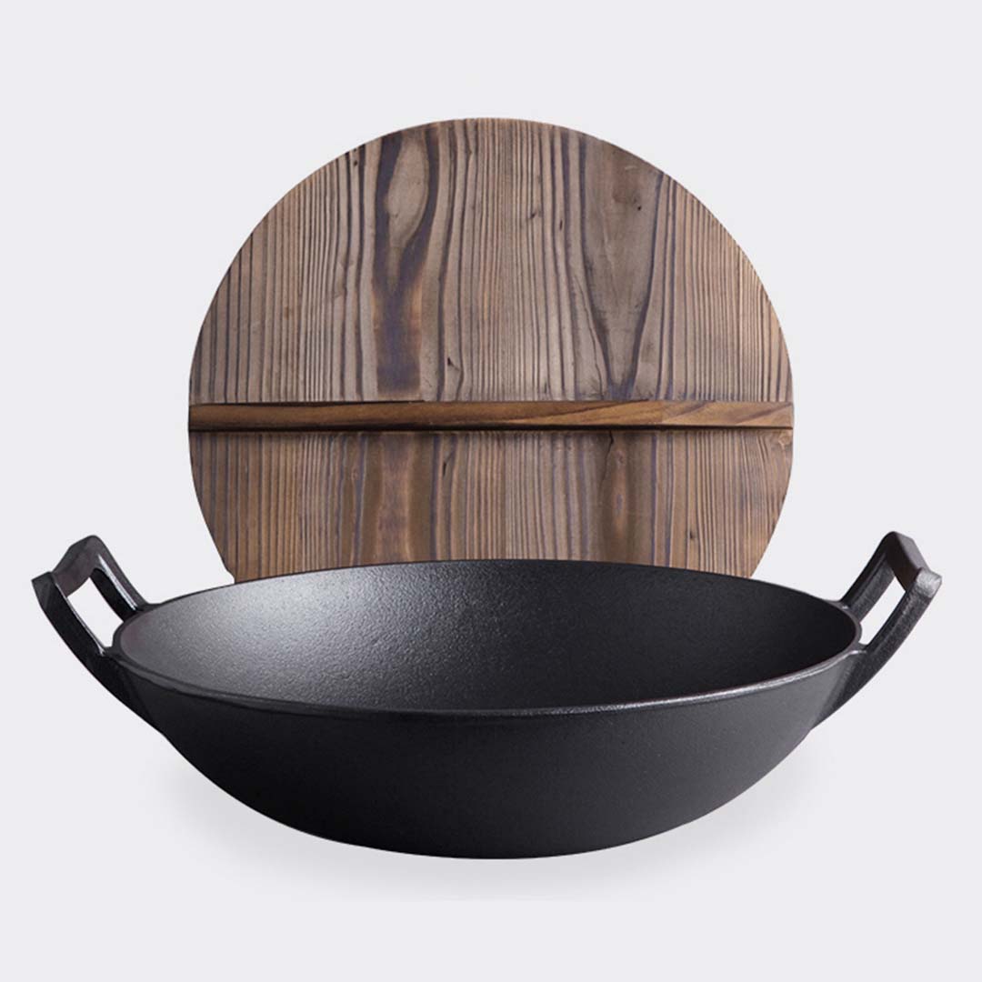 SOGA 36CM Commercial Cast Iron Wok FryPan with Wooden Lid Fry Pan - Hospitality Connect
