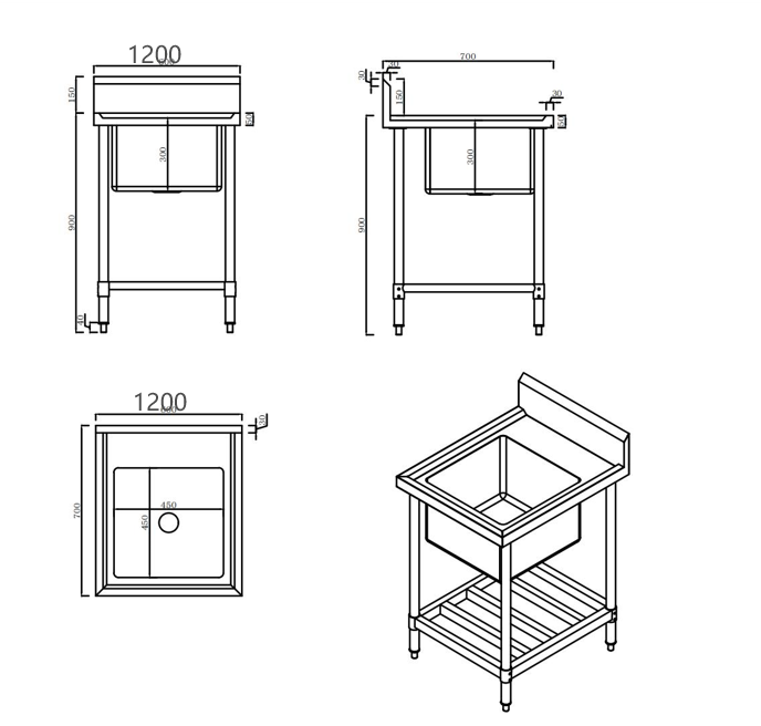 KitchenKnock Single Sink Bench - Center Sink - 700 Series - 1200×700×900mm 631602 - Hospitality Connect