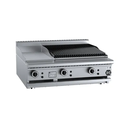 B&S Black Combination 300mm Grill Plate & 600mm Char Broiler Bench Mounted BT-GRP3-CBR6BM. - Hospitality Connect