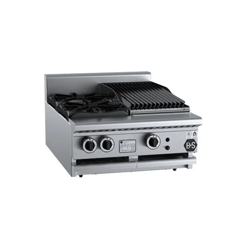B&S Black Combination Two Open Burners & 300mm Char Broiler Bench Mounted BT-SB2-CBR3BM. - Hospitality Connect