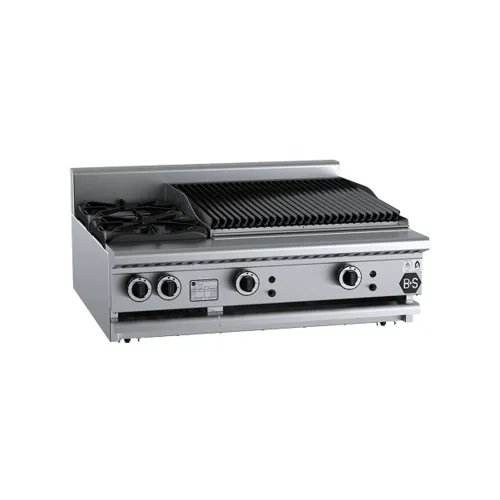 B&S Black Combination Two Open Burners & 600mm Char Broiler Bench Mounted BT-SB2-CBR6BM. - Hospitality Connect
