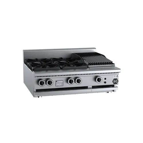 B&S Black Combination Four Open Burners & 300mm Char Broiler Bench Mounted BT-SB4-CBR3BM. - Hospitality Connect