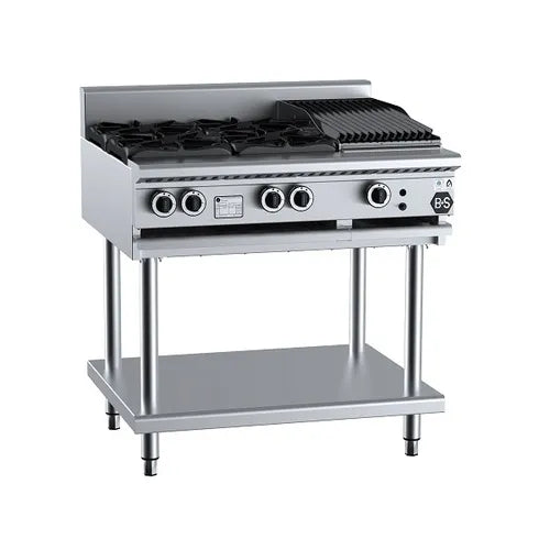 B&S Black Combination Four Open Burners & 300mm Char Broiler BT-SB4-CBR3. - Hospitality Connect