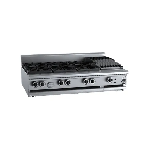 B&S Black Combination Six Open Burners & 300mm Char Broiler Bench Mounted BT-SB6-CBR3BM. - Hospitality Connect