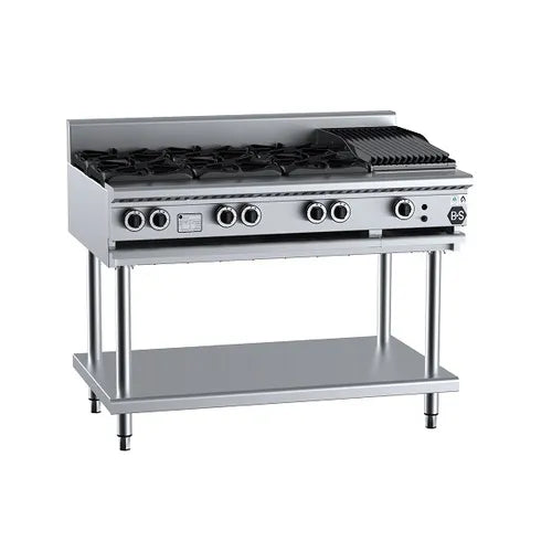 B&S Black Combination Six Open Burners & 300mm Char Broiler BT-SB6-CBR3. - Hospitality Connect