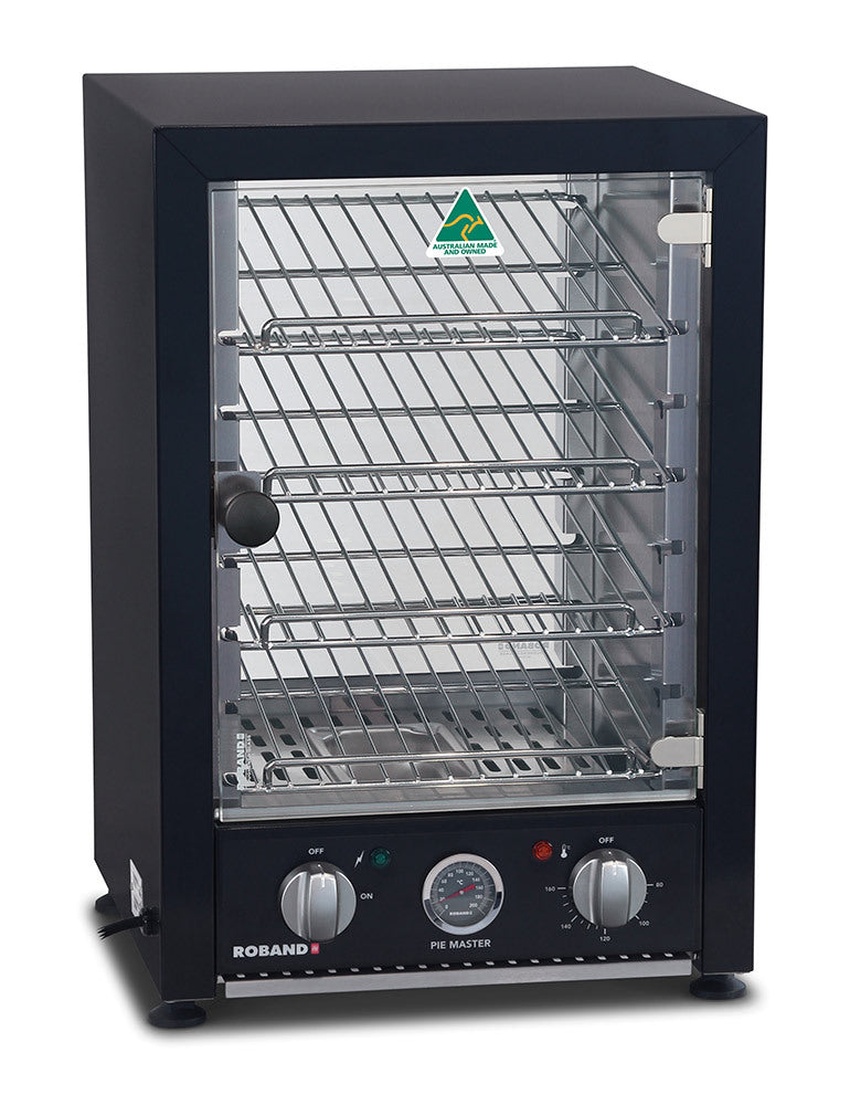 Roband PMB25L Pie Master Pie Warmer - 25 Pies Black Hinged Glass Door / Internal Light - Hospitality Connect