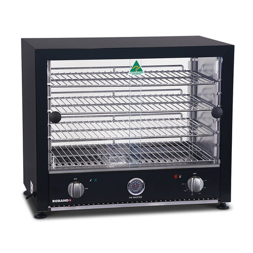 Roband PMB50L Pie Master Pie Warmer - 50 Pies Glass Doors Internal Light Black - Hospitality Connect