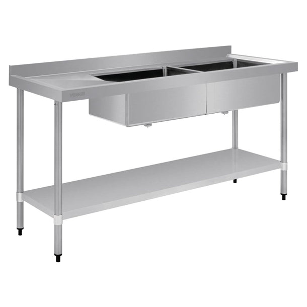 Vogue Double Bowl Sink L/H Drainer - 1800mm (90mm Drain) - Hospitality Connect