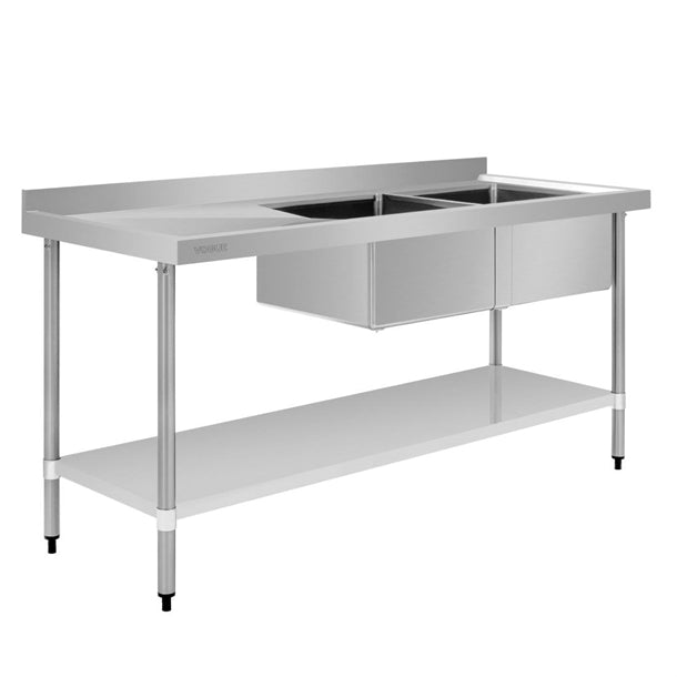 Vogue Double Bowl Sink L/H Drainer - 1800mm x 700mm (90mm Drain) - Hospitality Connect