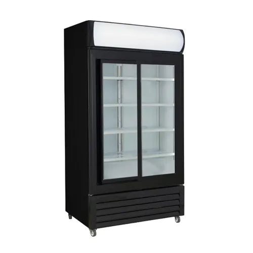 Thermaster 1000L Two Sliding Glass Door Colourbond Upright Drink Fridge Black LG-1000SDBP. - Hospitality Connect