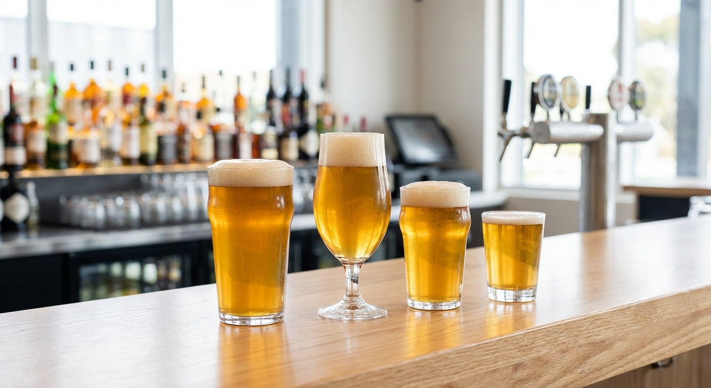 Various sizes of beer glasses lined up on a professional bar counter showing different measurements from pint to schooner to pot