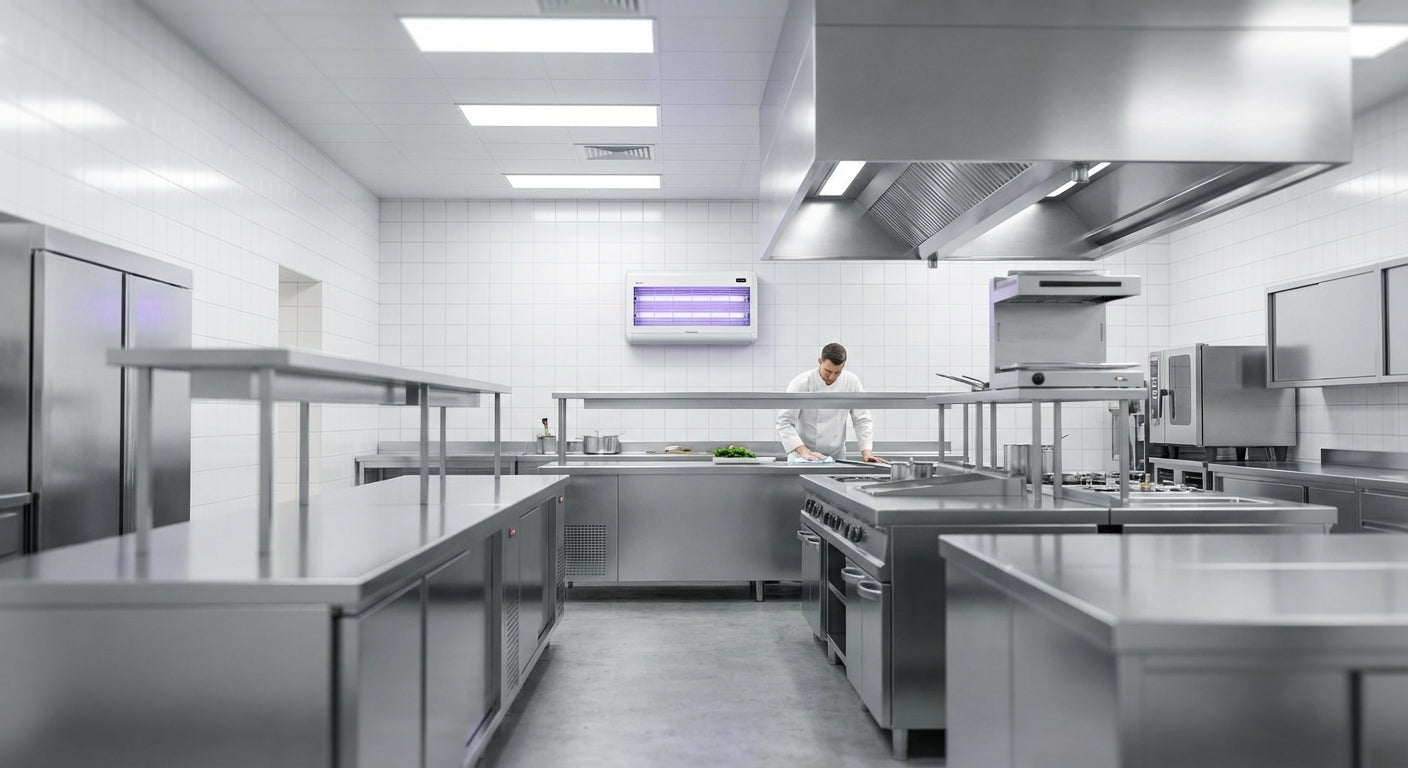 Professional bug zapper mounted on wall in clean commercial restaurant kitchen with stainless steel equipment