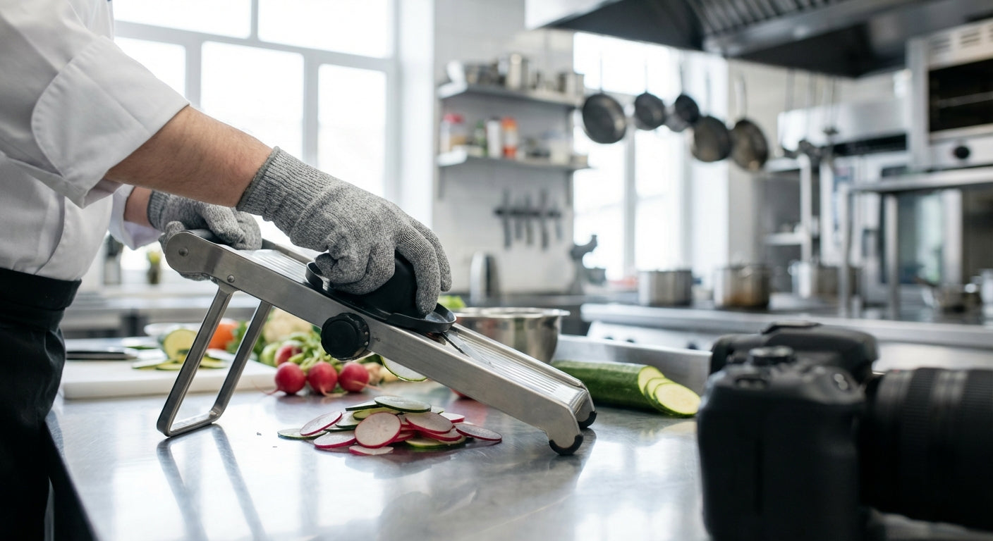 Chef wearing cut-resistant gloves using a stainless steel mandoline vegetable slicer with safety guard in a modern commercial kitchen