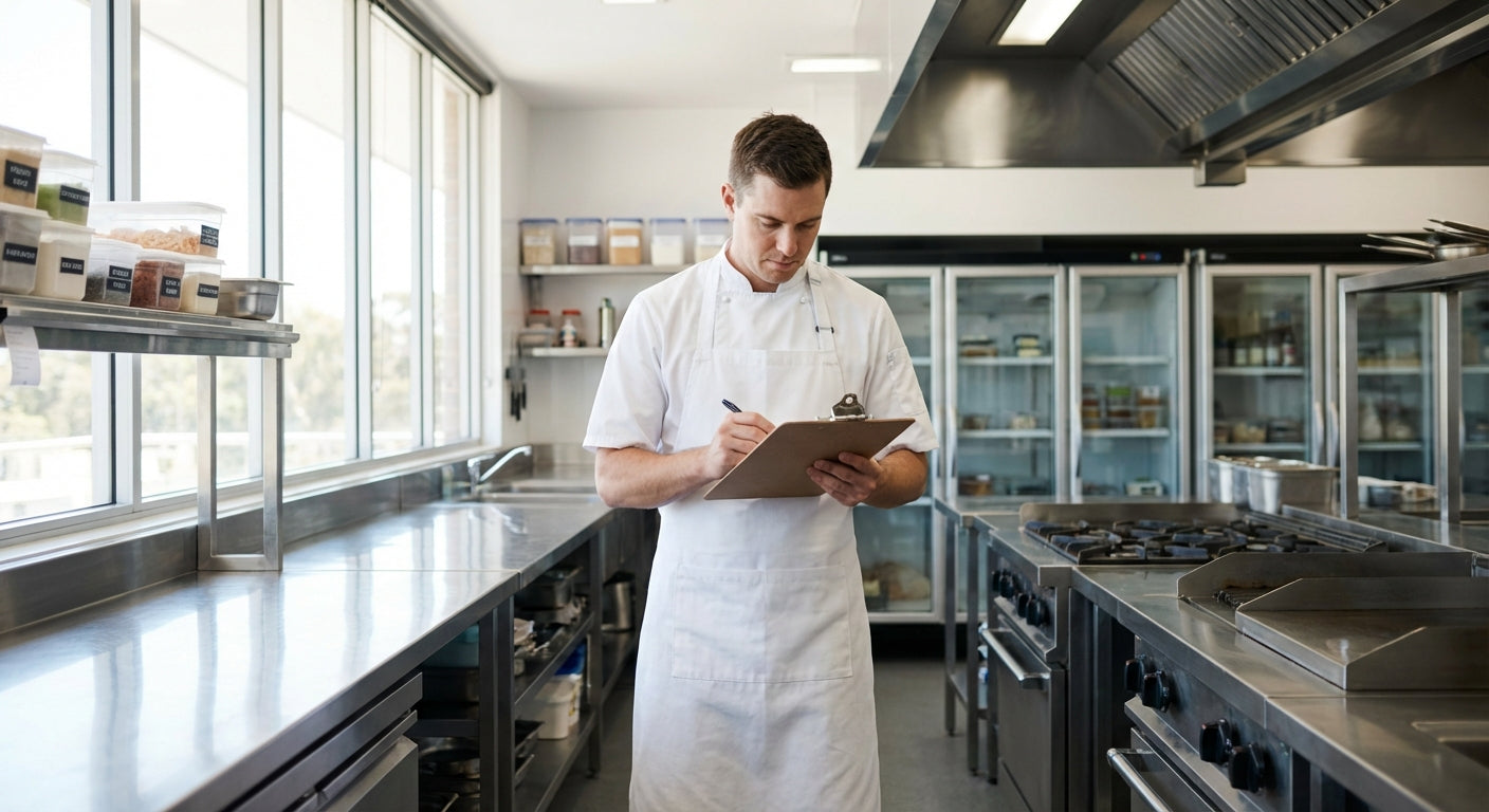 Clean modern commercial kitchen with stainless steel surfaces, professional chef checking temperature logs, demonstrating Australian food safety compliance