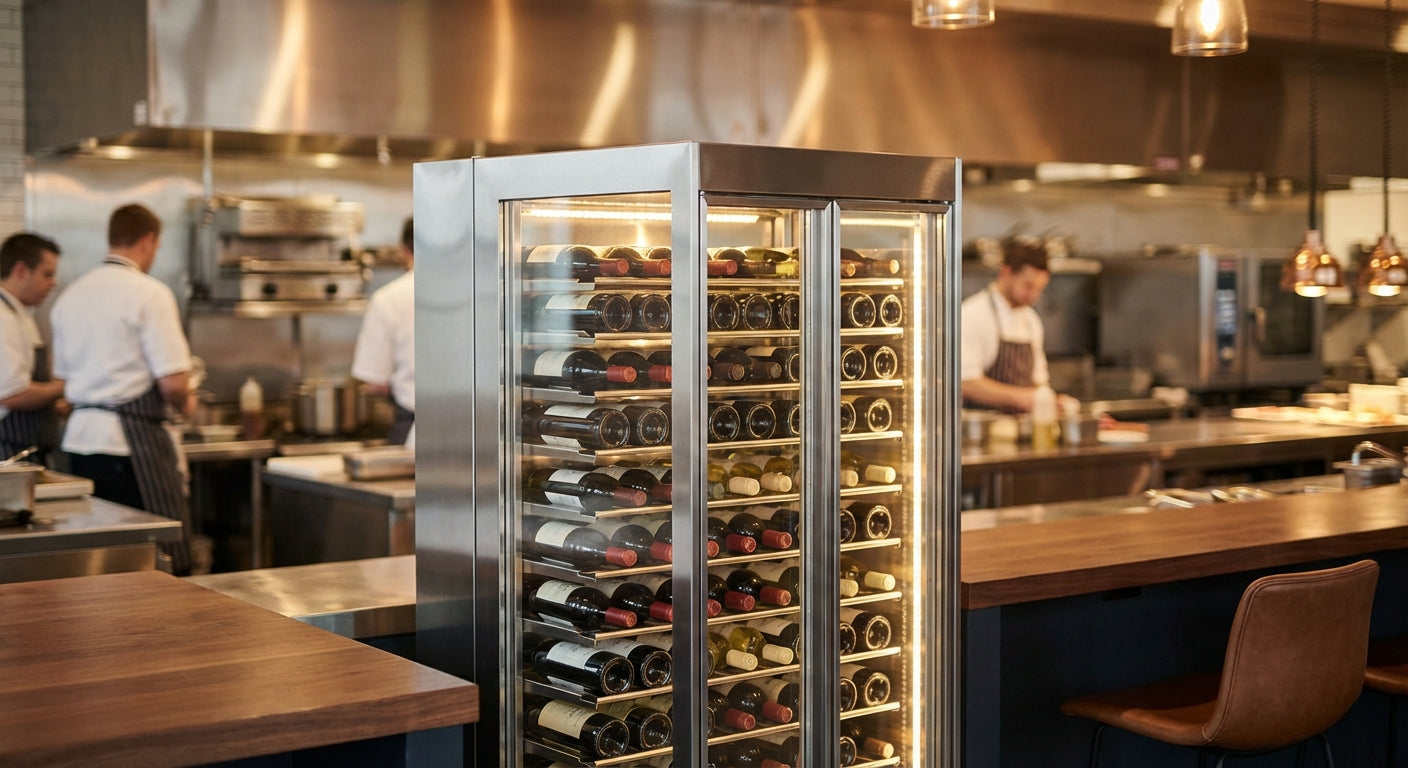 Modern commercial wine refrigerator displaying red and white wine bottles in a professional restaurant setting with ambient lighting