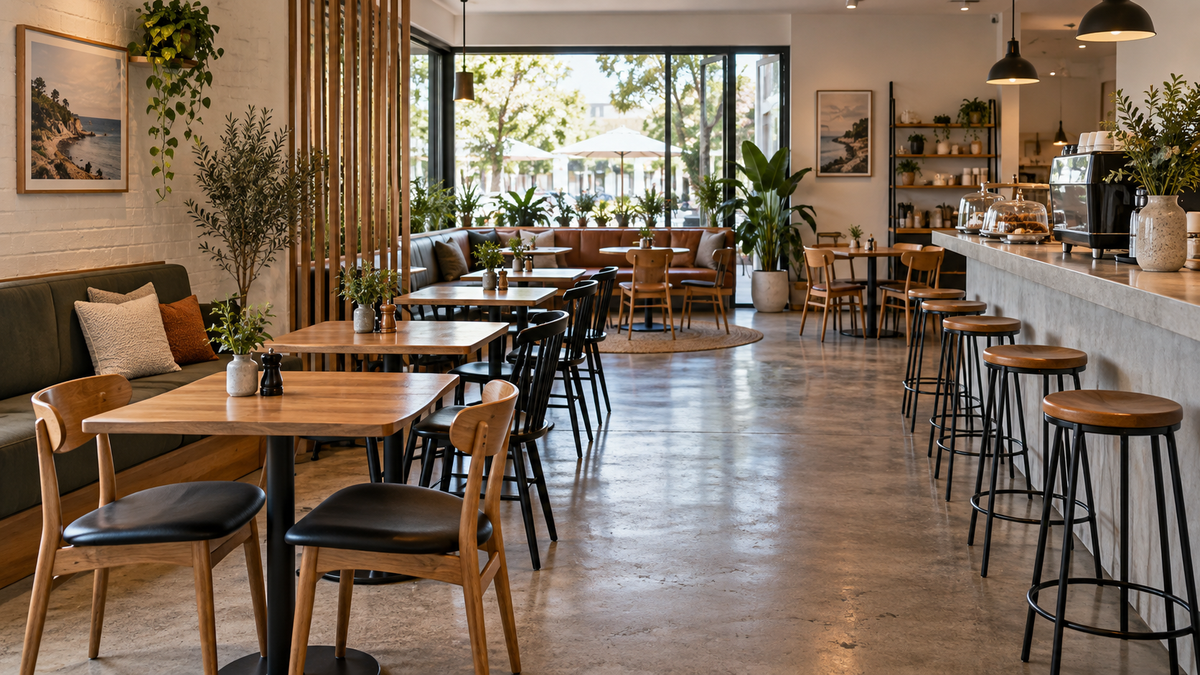 Illustrative café layout with dining tables, chairs and counter stools