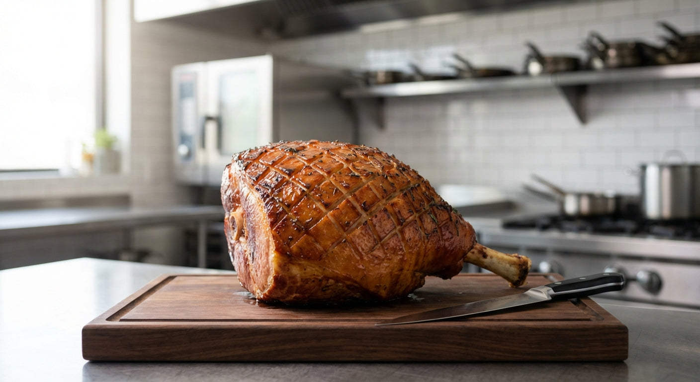 Beautifully glazed whole bone-in ham on wooden carving board in professional commercial kitchen setting