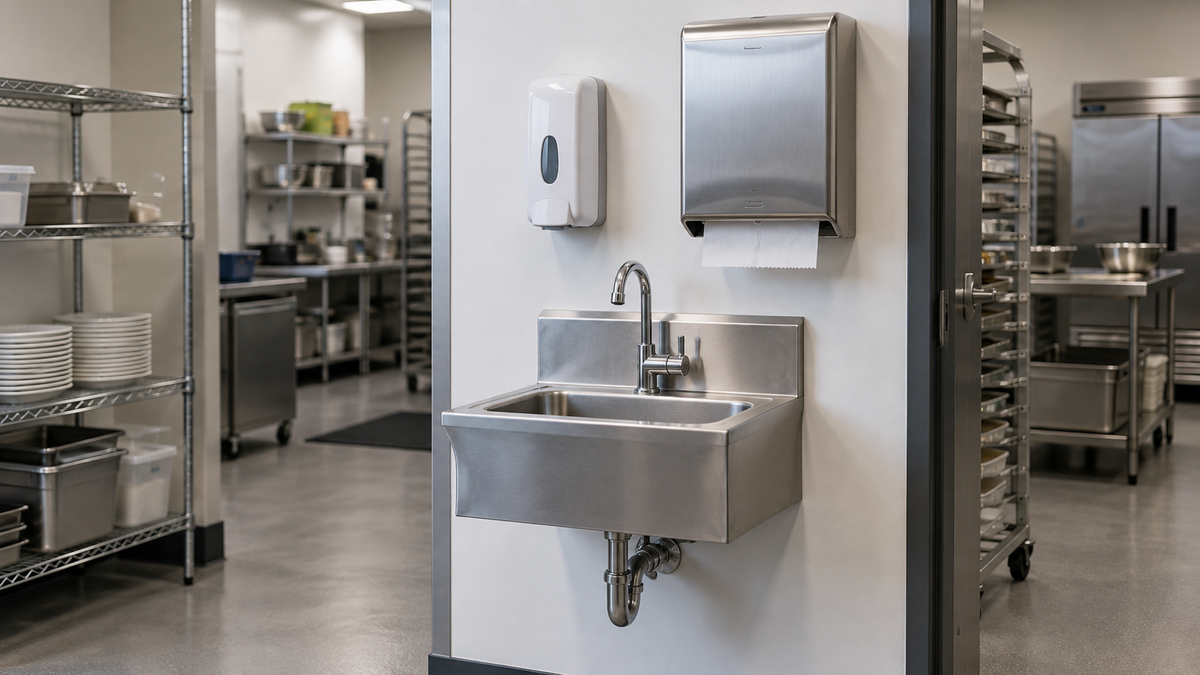 Illustrative stainless steel handwash basin with tap, soap and paper towel dispensers; not an approved site layout.