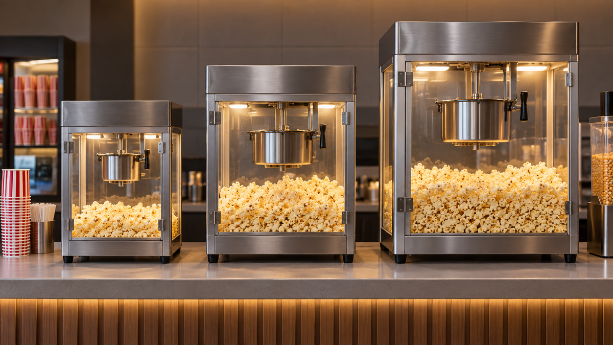 Illustrative popcorn machines in three sizes on a service counter; not a scale drawing or verified model comparison.