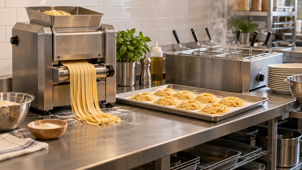 Illustrative pasta roller, prepared pasta and basket cooker in a prep area; not verified models, capacity or an approved installation.