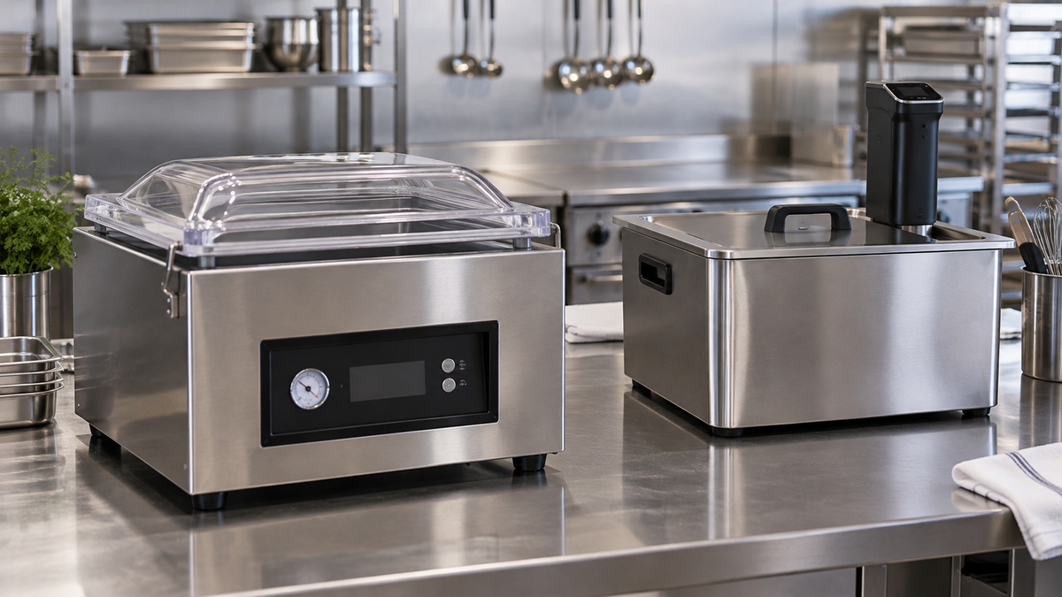 Illustrative chamber vacuum sealer beside a covered water bath and immersion circulator; not verified models, capacity or an approved food-safety setup.