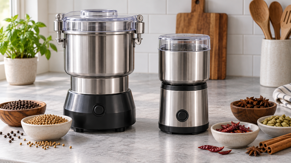 Illustrative larger and smaller countertop spice grinders beside whole spices; not verified models, capacities or a scale comparison.