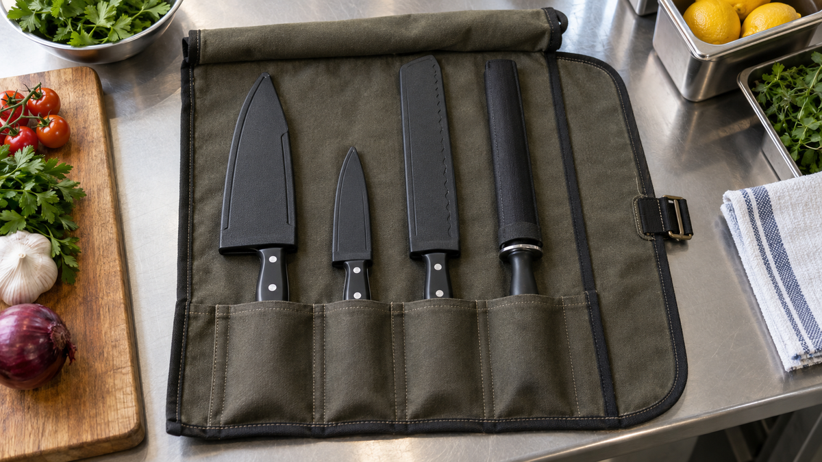 Illustrative open knife roll with three covered knife blades and a covered maintenance tool; not a verified brand, course kit or proof of case fit.