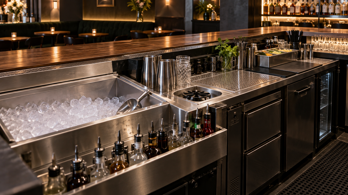 Illustrative cocktail bar work area with an ice well, rinser and bottle rail; not a model specification.