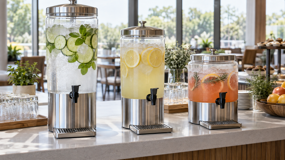 Illustrative buffet drink dispensers with taps and different vessel sizes; not named models or proof of safe holding temperature.