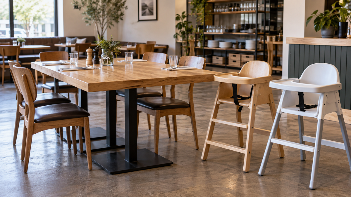 Illustration of two high chairs in an empty café; not a product specification.