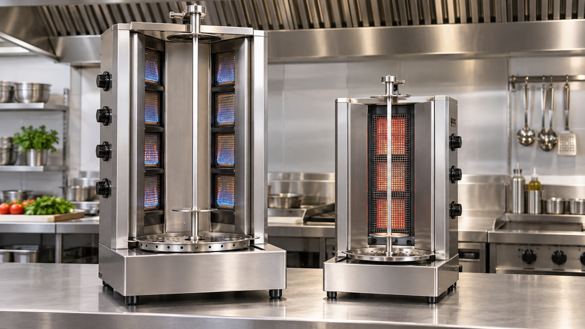 Illustrative gas and electric vertical kebab grills under a canopy; not the named models or an installation diagram.