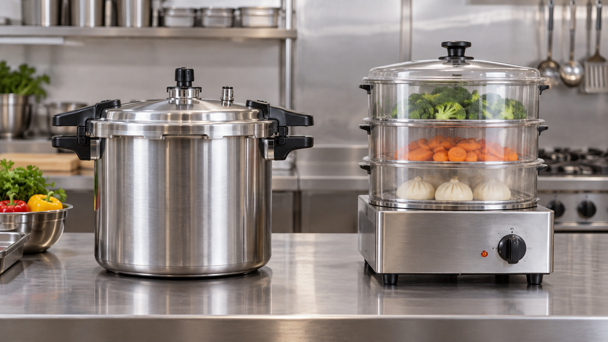 Illustrative pressure cooker and countertop steamer on a stainless bench; not model specifications or operating instructions.