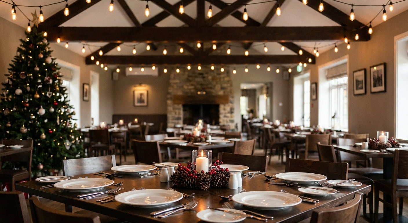 Professional restaurant dining room decorated with elegant Christmas lights, festive table settings, and holiday atmosphere for hospitality marketing
