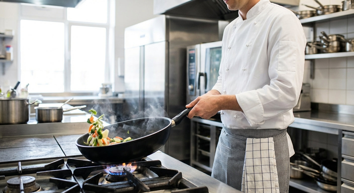 Chef cooking with modern non-stick frying pan in professional restaurant kitchen with stainless steel equipment