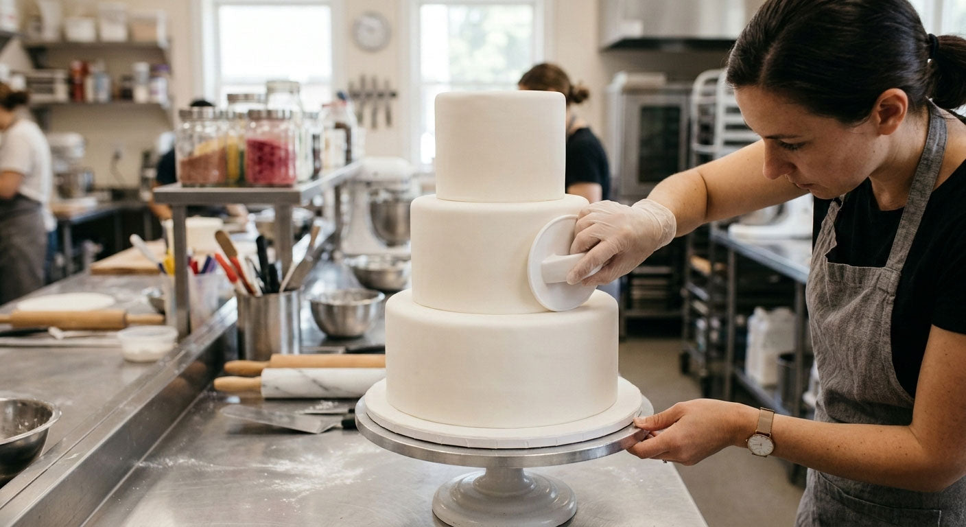 A professional cake decorator using a white plastic smoother to create a flawless, matte finish on a three-tier wedding cake covered in white rolled fondant.