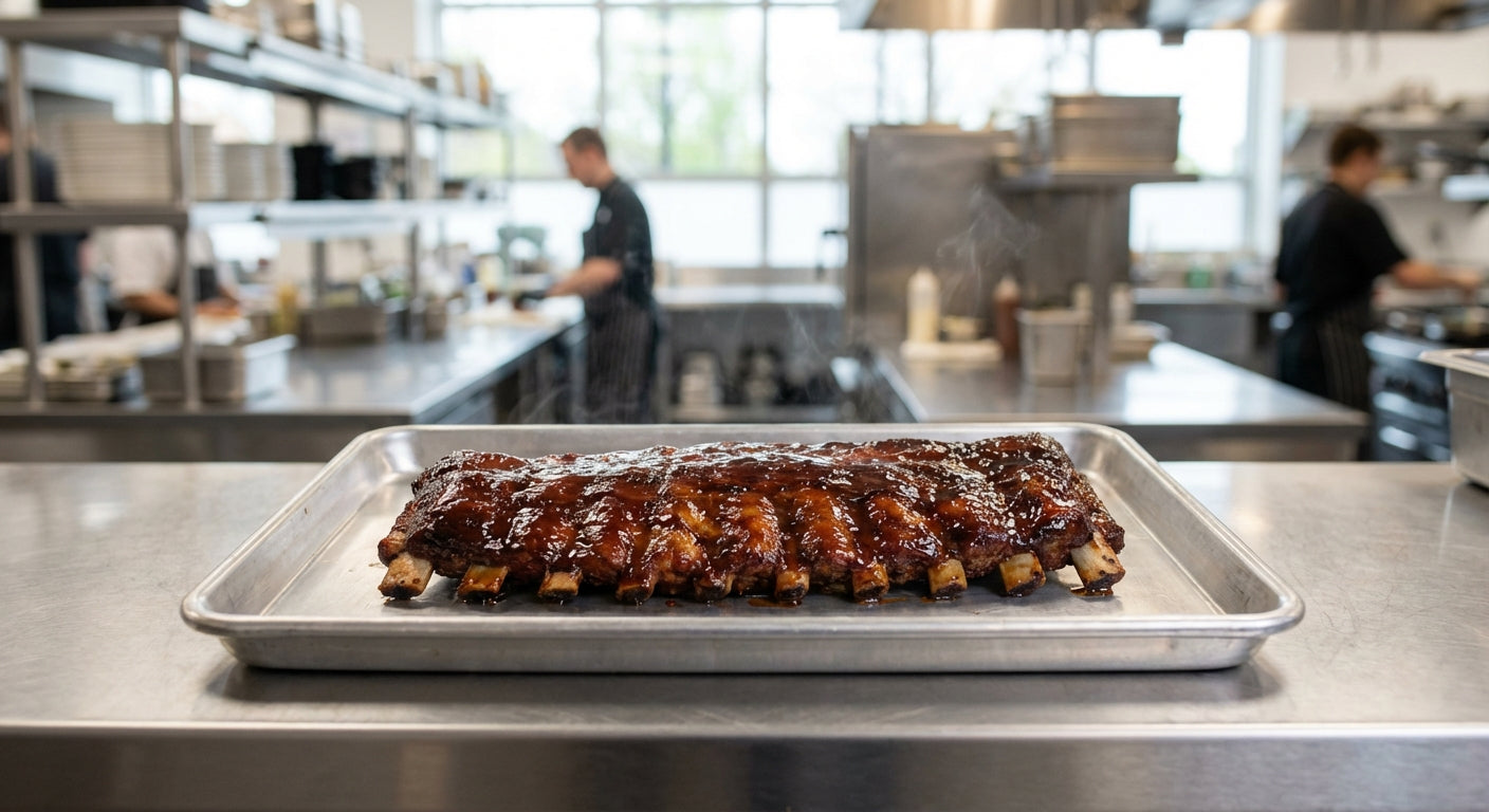 Professionally cooked pork ribs with glossy caramelised BBQ sauce on commercial baking tray in restaurant kitchen