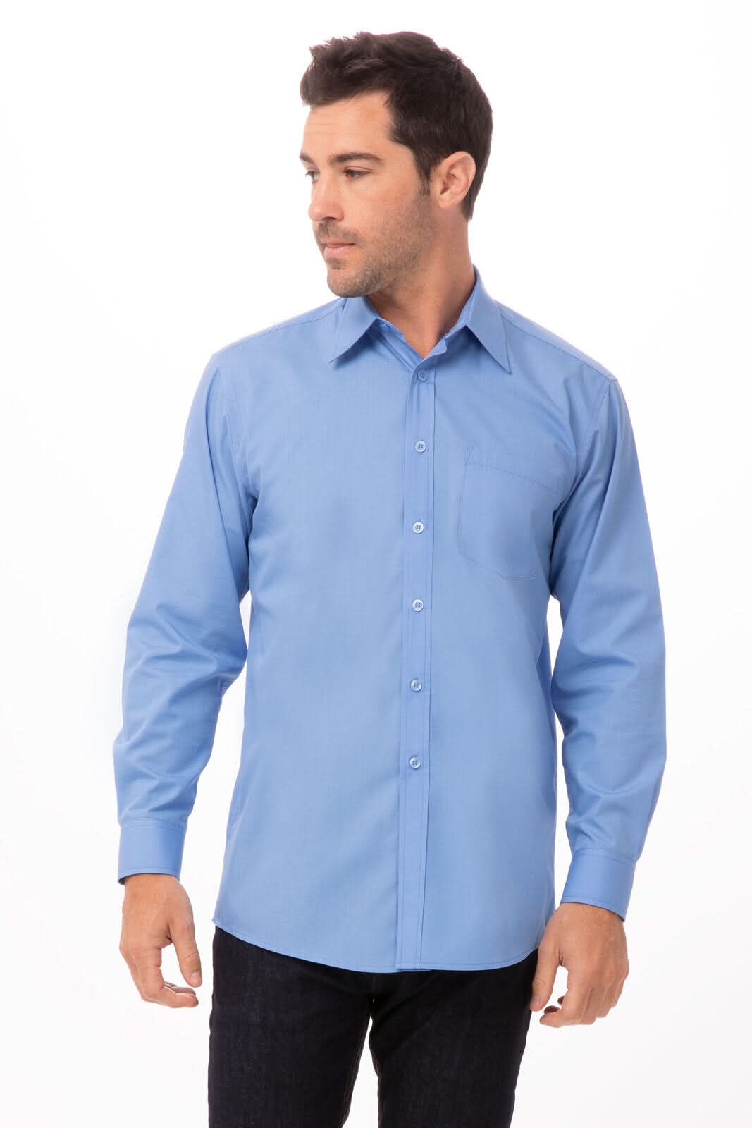 Chef Works Basic Dress Shirt for chef uniforms, white short-sleeve culinary shirt with collar and button front.