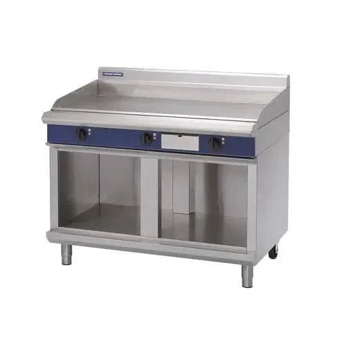 Blue Seal Evolution 1200mm electric griddle with cabinet base, showing stainless steel surface and control panel.