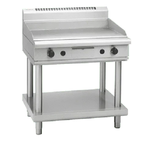Waldorf 800 Series GP8900G-LS 900mm gas griddle on leg stand, commercial-grade stainless steel cooking surface with control knobs