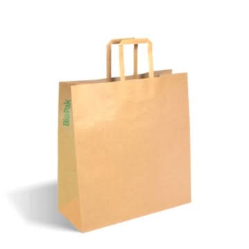 BioPak medium flat handle kraft paper bags.