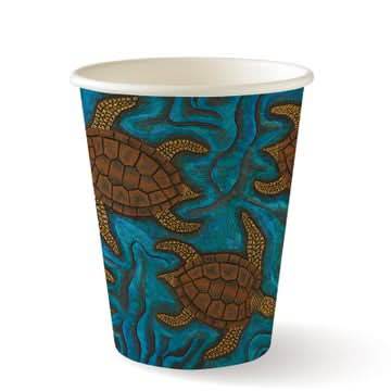 BioPak 280ml single wall BioCup with Indigenous art design.